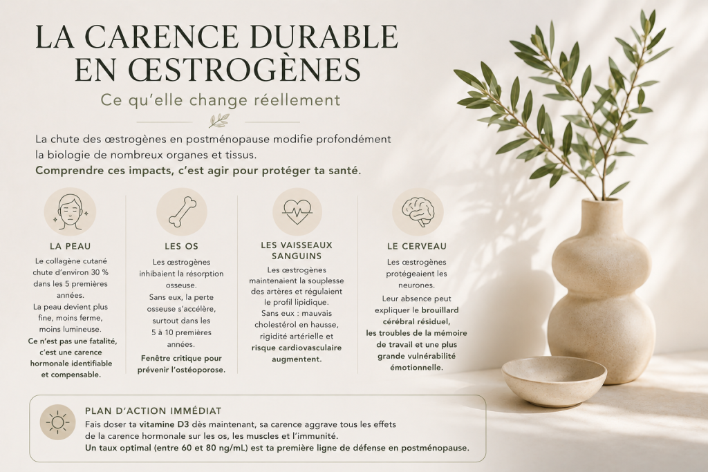 Infographie élégante expliquant les effets de la carence durable en œstrogènes sur la peau, les os, les vaisseaux sanguins et le cerveau en postménopause, dans un univers naturel et minimaliste.