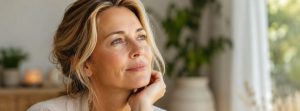 Comment savoir si je suis ménopausée ? Femme d'une cinquantaine d'années assise près d'une fenêtre, regardant au loin avec un air réfléchi dans une ambiance douce et lumineuse, illustrant les questionnements liés à la ménopause.