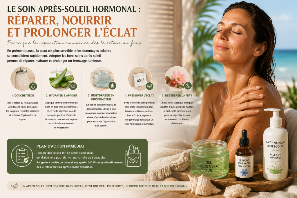 Infographie sur les soins après-soleil en préménopause montrant une femme à la peau lumineuse après une exposition solaire, accompagnée de produits naturels comme le gel d’aloe vera, l’huile de bourrache et un lait hydratant réparateur.