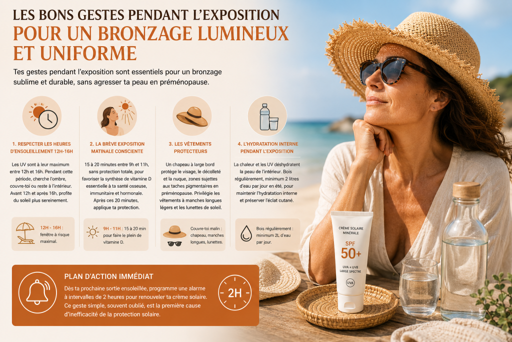 Infographie présentant les bonnes pratiques d’exposition solaire en préménopause : femme portant un chapeau et des lunettes de soleil à la plage, accompagnée de conseils sur les horaires d’exposition, la vitamine D, l’hydratation et la protection solaire.