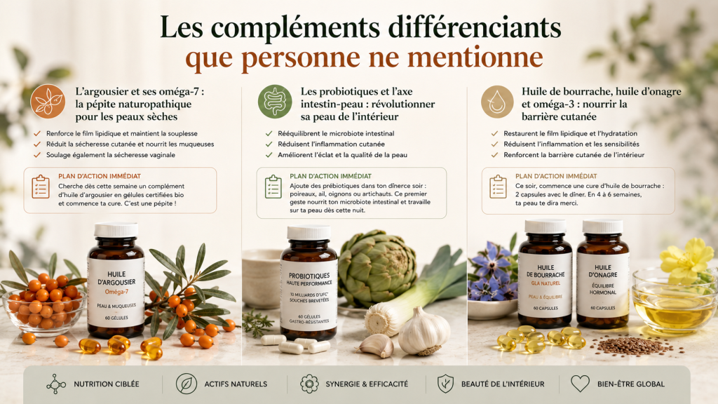 Infographie présentant trois compléments naturels méconnus pour soutenir la peau en préménopause : huile d’argousier riche en oméga-7, probiotiques pour l’axe intestin-peau et huiles de bourrache, d’onagre et oméga-3 pour renforcer la barrière cutanée.