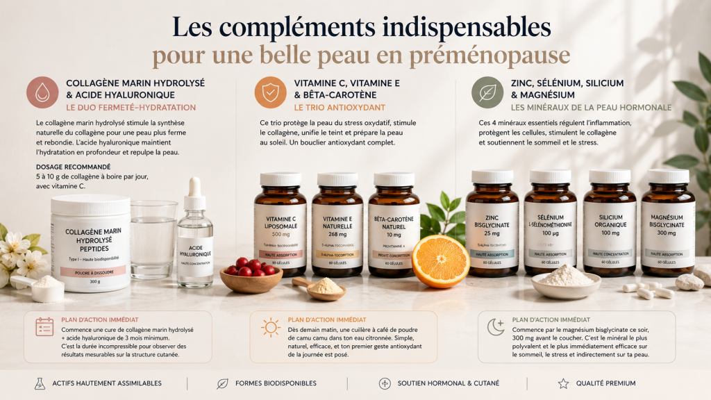 Infographie présentant les principaux compléments alimentaires recommandés pour la peau en préménopause : collagène marin hydrolysé, acide hyaluronique, vitamine C, vitamine E, bêta-carotène, zinc, sélénium, silicium et magnésium.