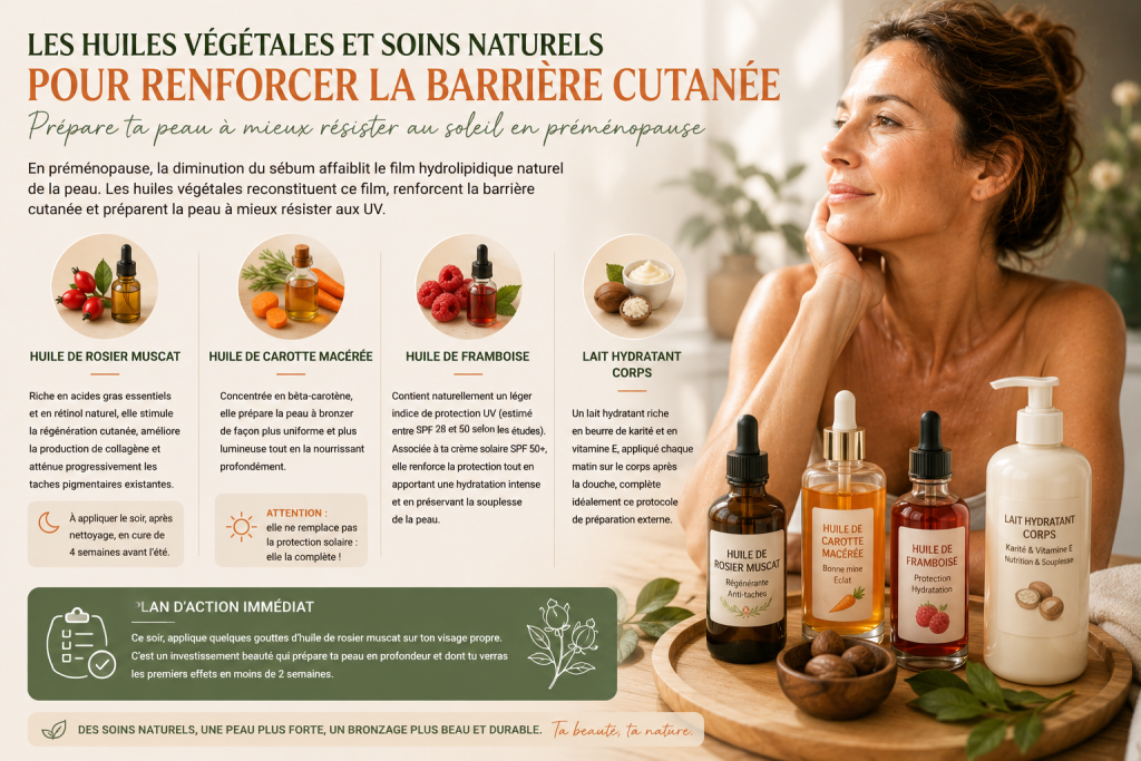 Infographie sur les huiles végétales recommandées pour préparer la peau au soleil en préménopause, présentant l’huile de rosier muscat, l’huile de carotte macérée, l’huile de framboise et un lait hydratant riche en beurre de karité et vitamine E.