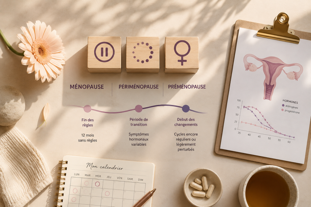 Comment savoir si je suis ménopausée?
Illustration pédagogique représentant les différentes étapes de la transition hormonale féminine : préménopause, périménopause et ménopause, avec calendrier menstruel, schéma hormonal, utérus et symboles féminins sur fond beige apaisant.