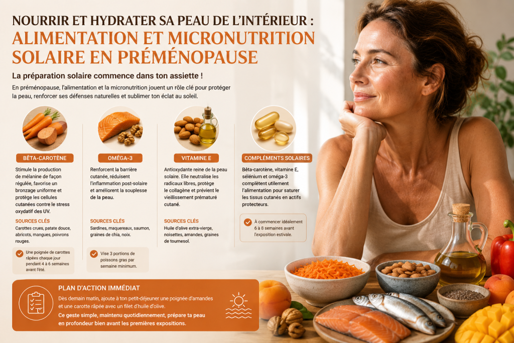 Infographie sur la nutrition solaire en préménopause présentant une femme entourée d’aliments bénéfiques pour la peau tels que carottes, saumon, sardines, amandes, huile d’olive et compléments antioxydants riches en bêta-carotène, oméga-3 et vitamine E.