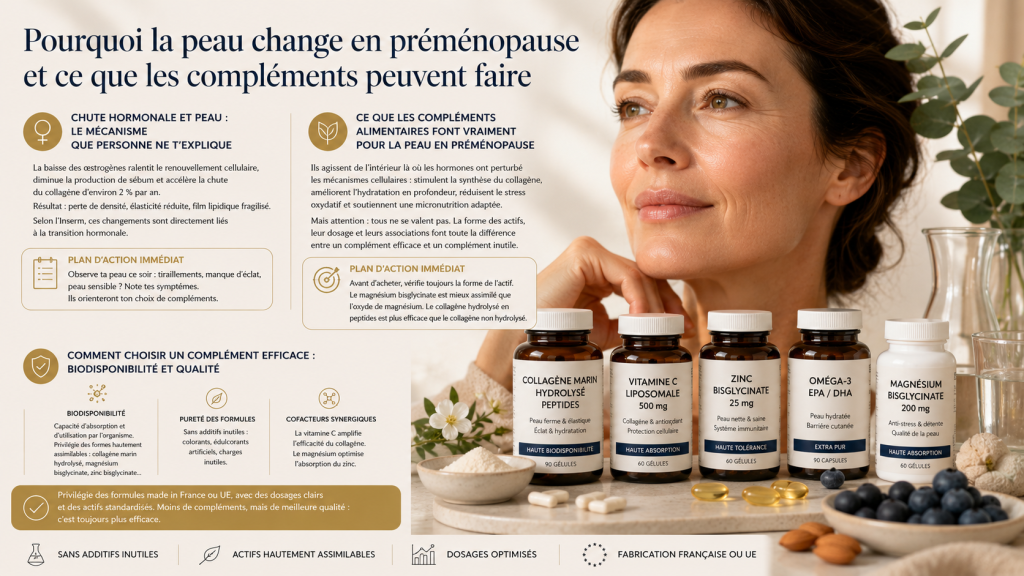 Infographie illustrant les effets de la préménopause sur la peau et le rôle des compléments alimentaires de qualité, avec collagène marin, vitamine C, zinc, oméga-3 et magnésium devant un visage féminin à la peau lumineuse.