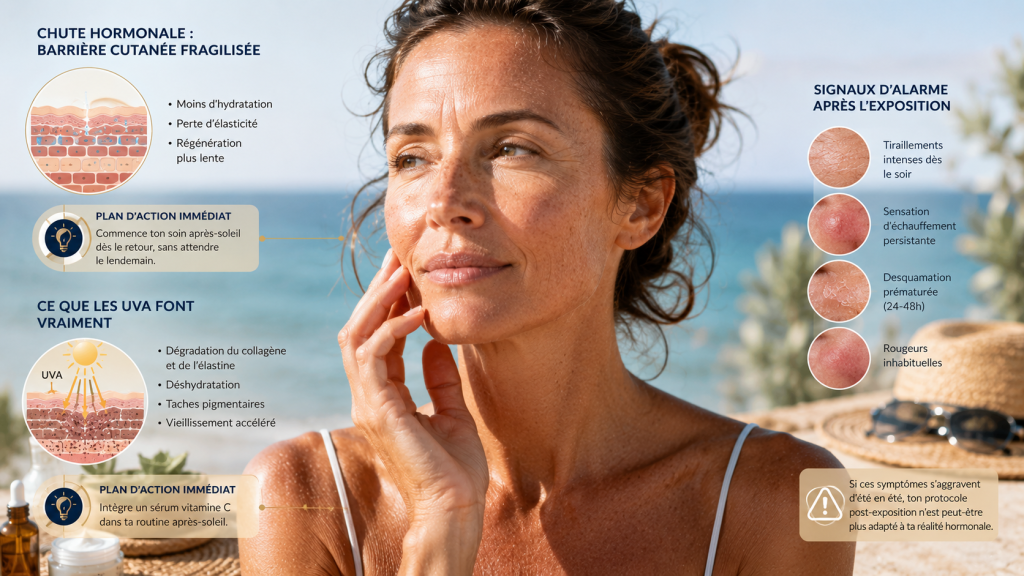 Femme en préménopause exposée au soleil en bord de mer avec schémas illustrant la fragilisation de la barrière cutanée, les effets des UVA et les signes d’alerte après une exposition solaire.