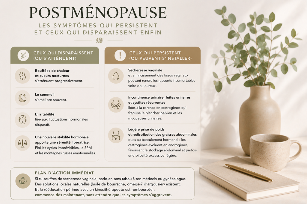Infographie minimaliste comparant les symptômes de la postménopause qui s'atténuent progressivement et ceux qui peuvent persister, dans un décor naturel aux tons doux et apaisants.