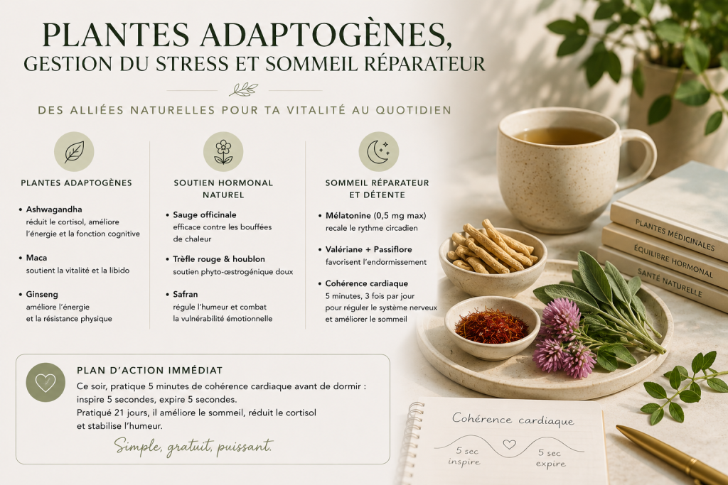 Infographie sur les plantes adaptogènes et les solutions naturelles pour réduire le stress, améliorer le sommeil et soutenir l'équilibre hormonal en postménopause, avec tisane, plantes médicinales et cohérence cardiaque.