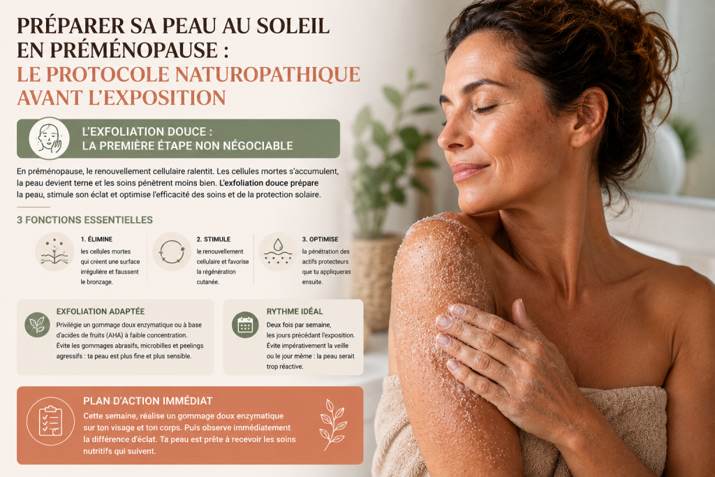 Infographie sur la préparation de la peau au soleil en préménopause montrant une femme réalisant une exfoliation douce, avec les bénéfices du gommage enzymatique avant l’exposition solaire.