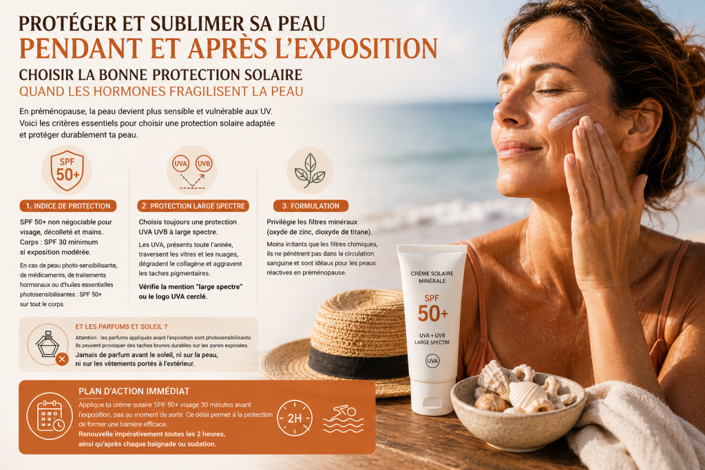 Infographie sur la protection solaire en préménopause montrant une femme appliquant une crème solaire SPF 50+ sur son visage, avec des conseils sur la protection UVA-UVB, les filtres minéraux et les précautions à prendre avant une exposition au soleil.