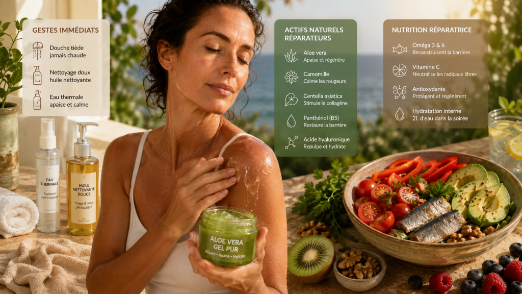 Femme en préménopause appliquant un gel réparateur à l’aloe vera après une exposition solaire, entourée de soins apaisants, d’eau thermale et d’aliments riches en oméga-3, vitamine C et antioxydants.