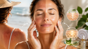 Visuel avant/après montrant une femme en préménopause avec une peau sensibilisée par le soleil d’un côté et une peau réparée, hydratée et lumineuse de l’autre, accompagné d’illustrations de régénération cutanée.