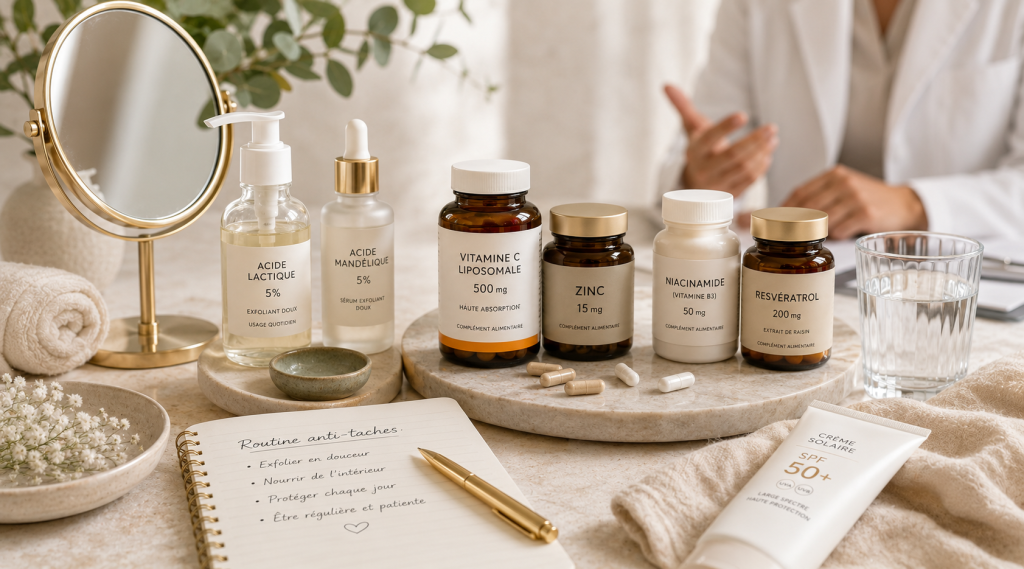 Composition élégante de soins exfoliants, compléments alimentaires et protection solaire SPF 50+ sur une table lumineuse, avec miroir, carnet de suivi et consultation dermatologique en arrière-plan.