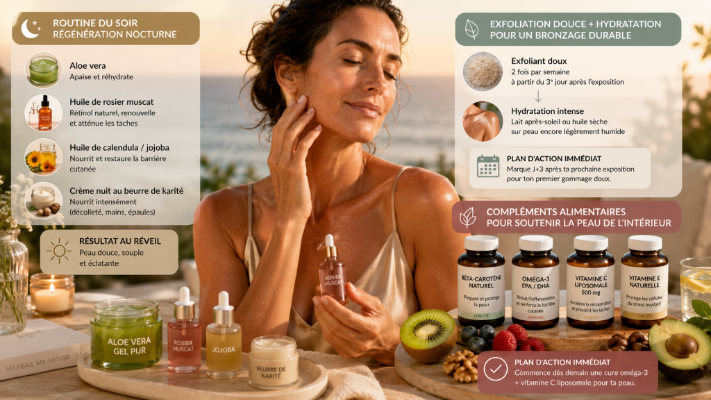 Femme en préménopause réalisant sa routine de soin du soir après une exposition solaire, avec aloe vera, huile de rosier muscat, huile de jojoba, compléments alimentaires, fruits riches en antioxydants et produits hydratants.