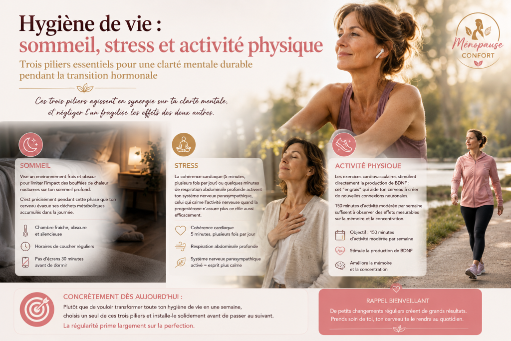Infographie bien-être illustrant les trois piliers essentiels de la santé cognitive en préménopause et ménopause : sommeil réparateur, gestion du stress et activité physique régulière. Une femme apparaît sereine dans différentes situations de détente, de respiration et de marche en pleine nature, symbolisant l’équilibre hormonal et la clarté mentale.