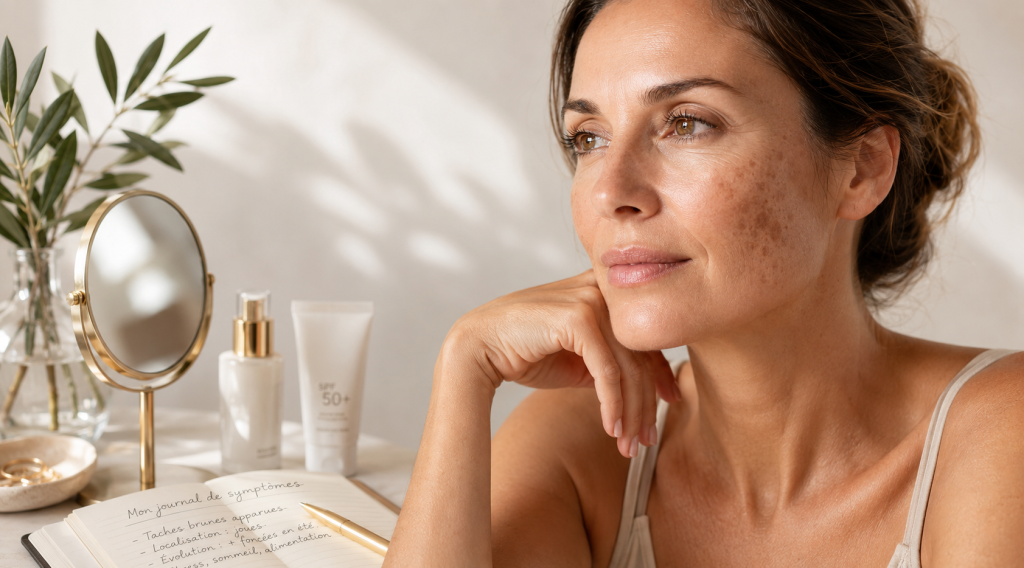 Femme en préménopause observant des taches pigmentaires sur sa joue devant un miroir, avec un carnet de suivi des symptômes et une protection solaire SPF 50+ posés sur une coiffeuse lumineuse.