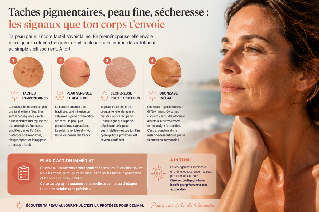 Infographie sur les principaux signes cutanés de la préménopause au soleil, illustrant les taches pigmentaires, la peau sensible, la sécheresse cutanée et le bronzage inégal chez une femme de plus de 40 ans.