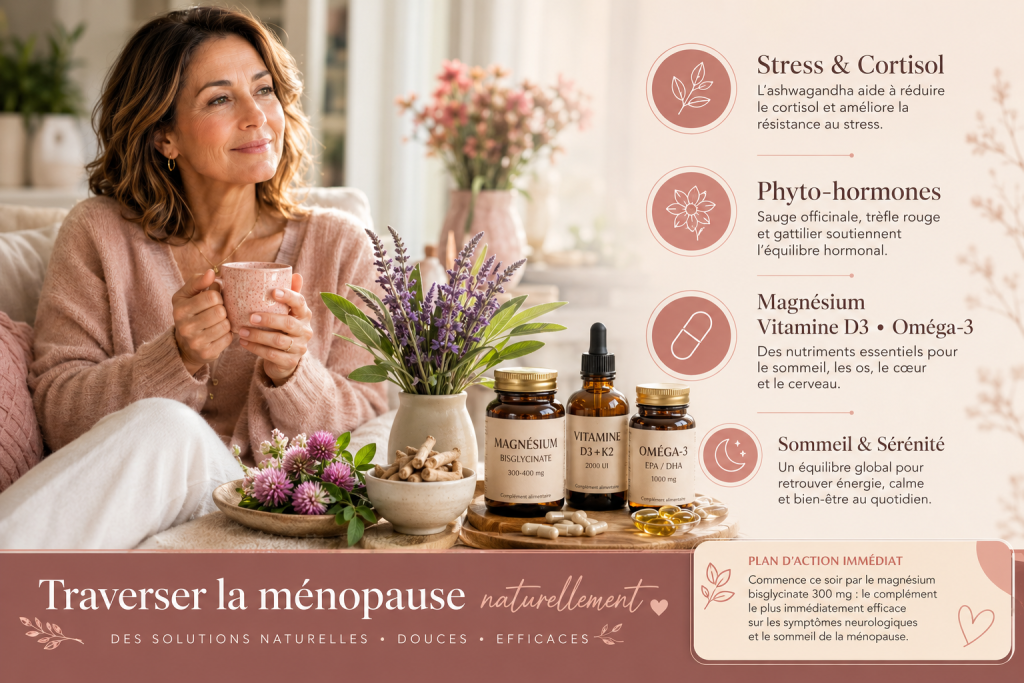 Femme ménopausée détendue dégustant une tisane dans un intérieur lumineux, entourée de plantes médicinales, compléments naturels et informations sur la gestion du cortisol, la phytothérapie, le magnésium, la vitamine D3 et les oméga-3.
