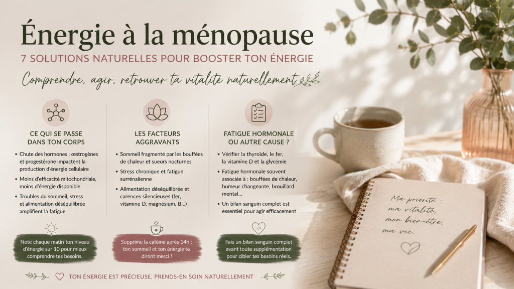 Solutions naturelles – énergie à la ménopause : illustration expliquant les causes de la fatigue hormonale, les facteurs aggravants et les premiers gestes naturels pour retrouver durablement son énergie.