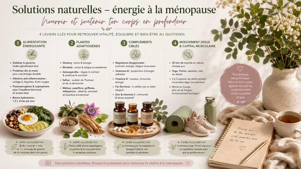 Solutions naturelles – énergie à la ménopause : illustration présentant une alimentation énergisante, les plantes adaptogènes, les compléments alimentaires ciblés et le mouvement doux pour retrouver naturellement sa vitalité.