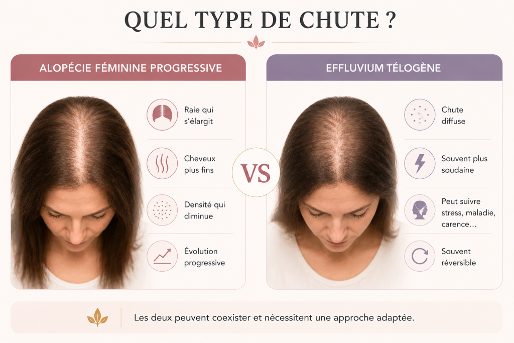 Comparatif entre l’alopécie féminine progressive et l’effluvium télogène : raie qui s’élargit et cheveux plus fins versus chute diffuse et plus soudaine.