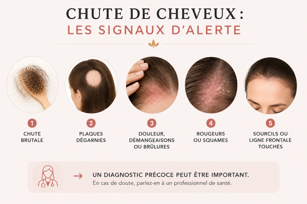 Signaux d’alerte d’une chute de cheveux : chute brutale, plaques dégarnies, démangeaisons ou brûlures, rougeurs ou squames et atteinte des sourcils ou de la ligne frontale.