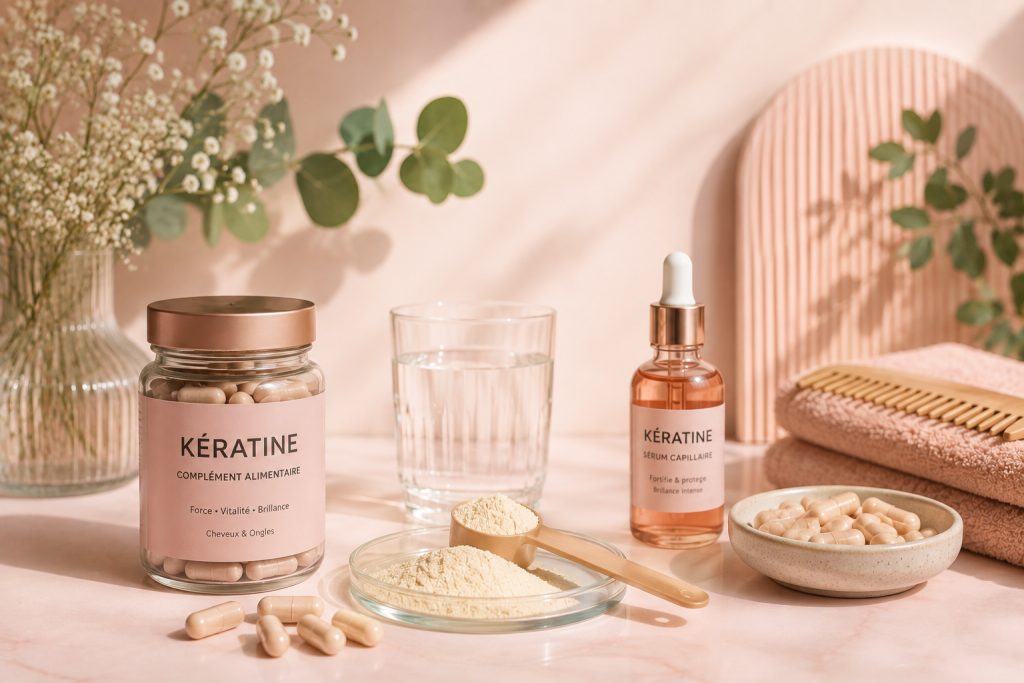 Kératine et cheveux à la ménopause : poudre, compléments alimentaires en gélules et sérum capillaire pour prendre soin des cheveux matures.