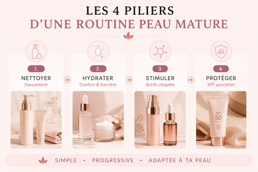 Les 4 piliers d’une routine peau mature à la ménopause : nettoyer doucement, hydrater, stimuler avec des actifs adaptés et protéger avec un SPF quotidien.