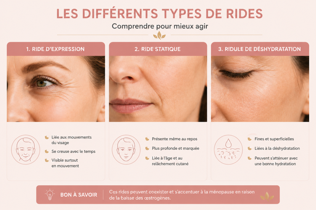 Les différents types de rides à la ménopause : comparaison entre rides d’expression, rides statiques et ridules de déshydratation.