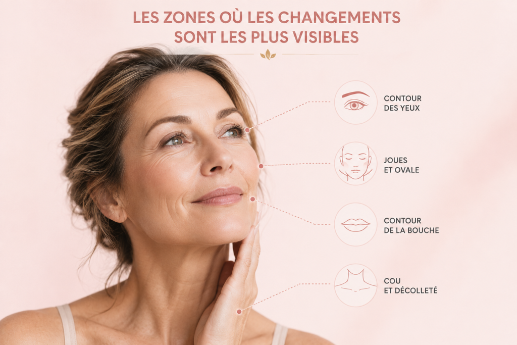 Les zones où les changements de la peau sont les plus visibles à la ménopause