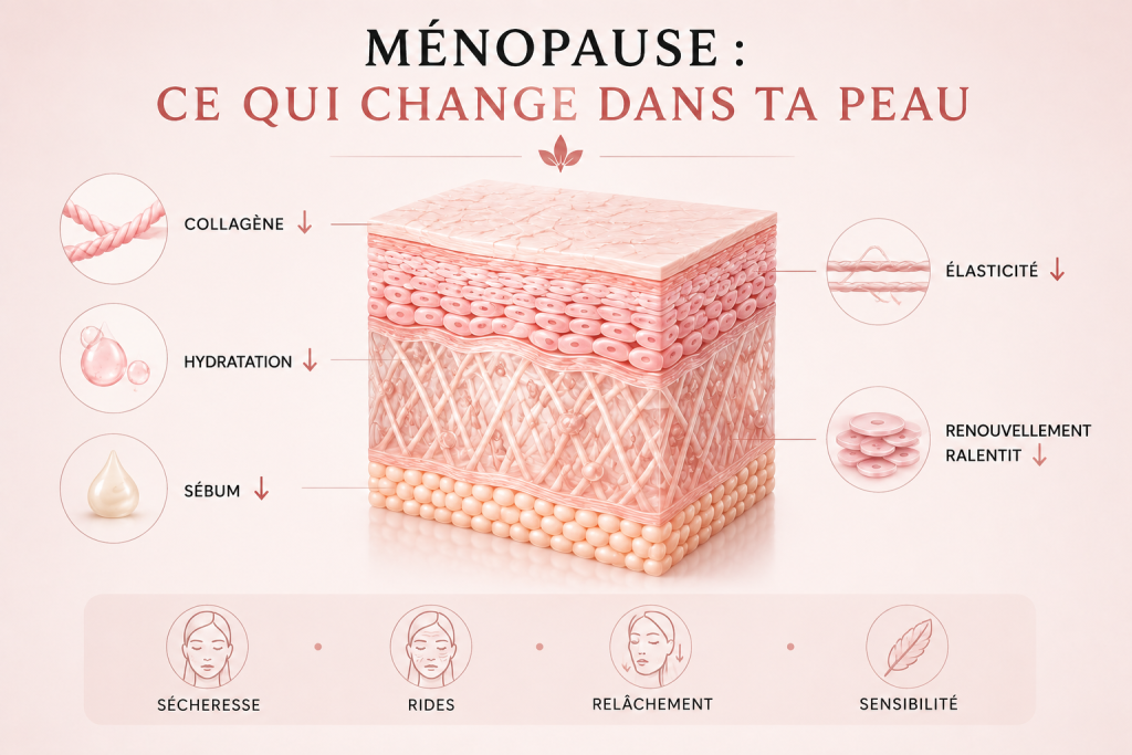 Schéma des changements de la peau à la ménopause : diminution du collagène, de l’élasticité, de l’hydratation et du sébum, avec renouvellement cutané ralenti.
