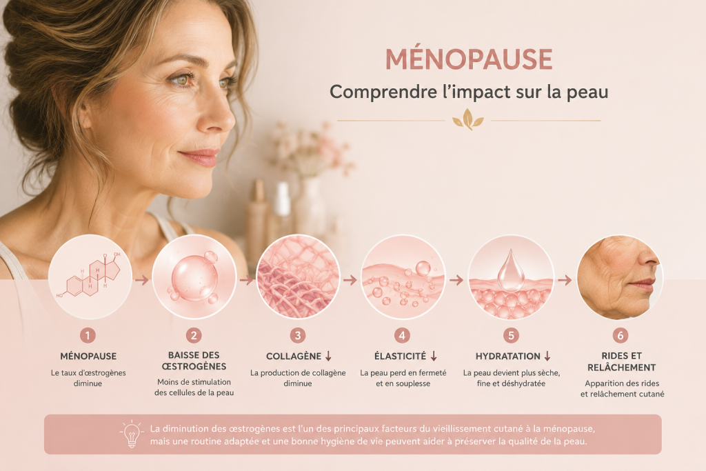 Ménopause et impact sur la peau : baisse des œstrogènes, diminution du collagène, de l’élasticité et de l’hydratation, favorisant rides et relâchement cutané.