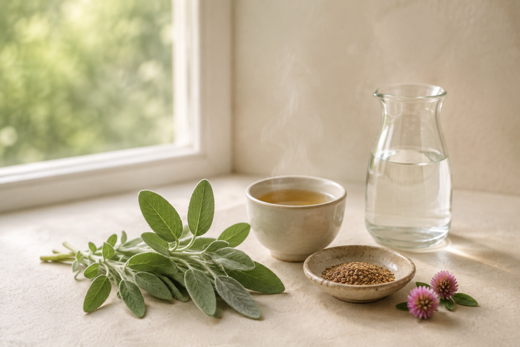 Sauge, trèfle rouge, graines de lin, infusion tiède et carafe d’eau contre les bouffées de chaleur.