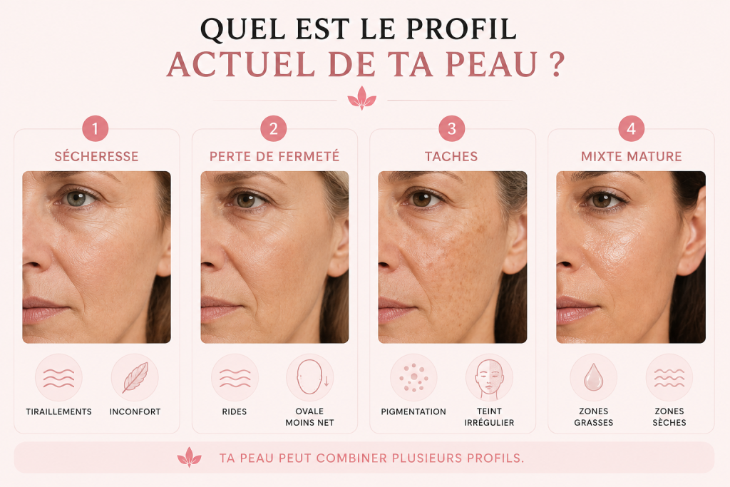 Les quatre profils de peau à la ménopause : sécheresse, perte de fermeté, taches pigmentaires et peau mixte mature.
