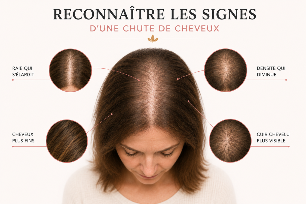 Signes d’une chute de cheveux chez la femme : raie qui s’élargit, diminution de la densité, cheveux plus fins et cuir chevelu plus visible.
