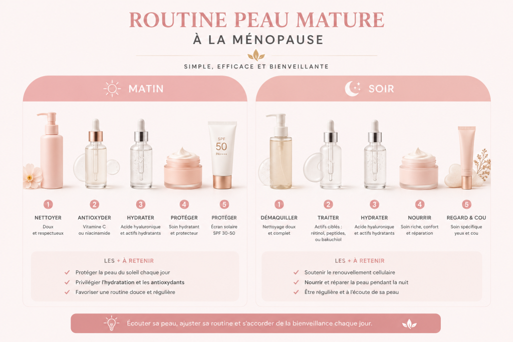 Routine peau mature à la ménopause avec les étapes essentielles du matin et du soir : nettoyer, hydrater, traiter, nourrir et protéger la peau.