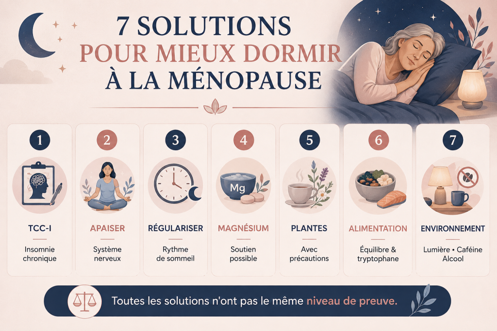Infographie présentant 7 solutions pour mieux dormir à la ménopause : TCC-I, apaisement du système nerveux, rythme de sommeil régulier, magnésium, plantes, alimentation et environnement.