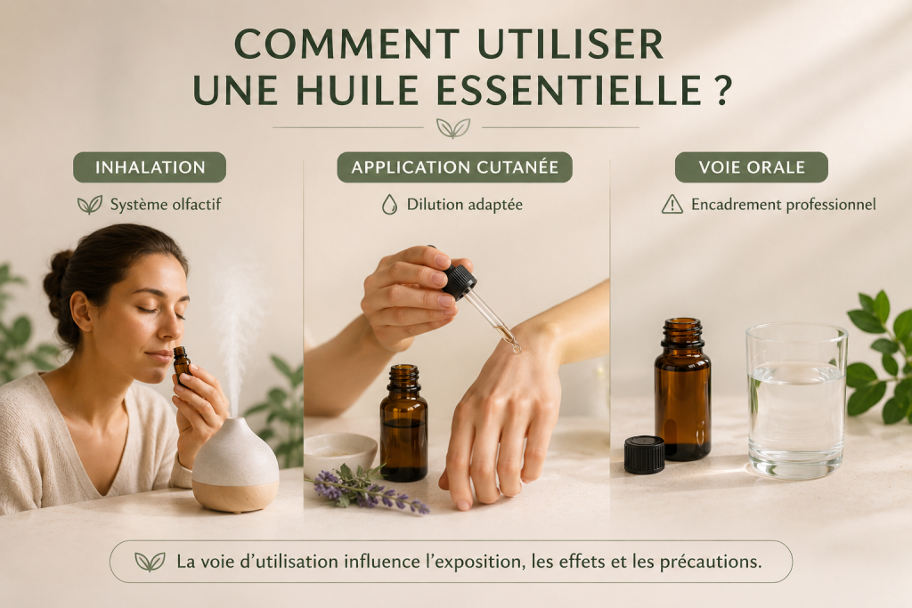 Trois voies d’utilisation des huiles essentielles : inhalation, application cutanée avec dilution et voie orale sous encadrement professionnel.