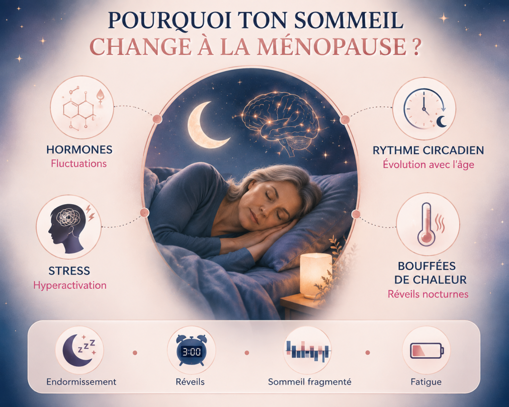 Troubles du sommeil à la ménopause : fluctuations hormonales, évolution du rythme circadien, stress et bouffées de chaleur pouvant favoriser réveils nocturnes, sommeil fragmenté et fatigue.