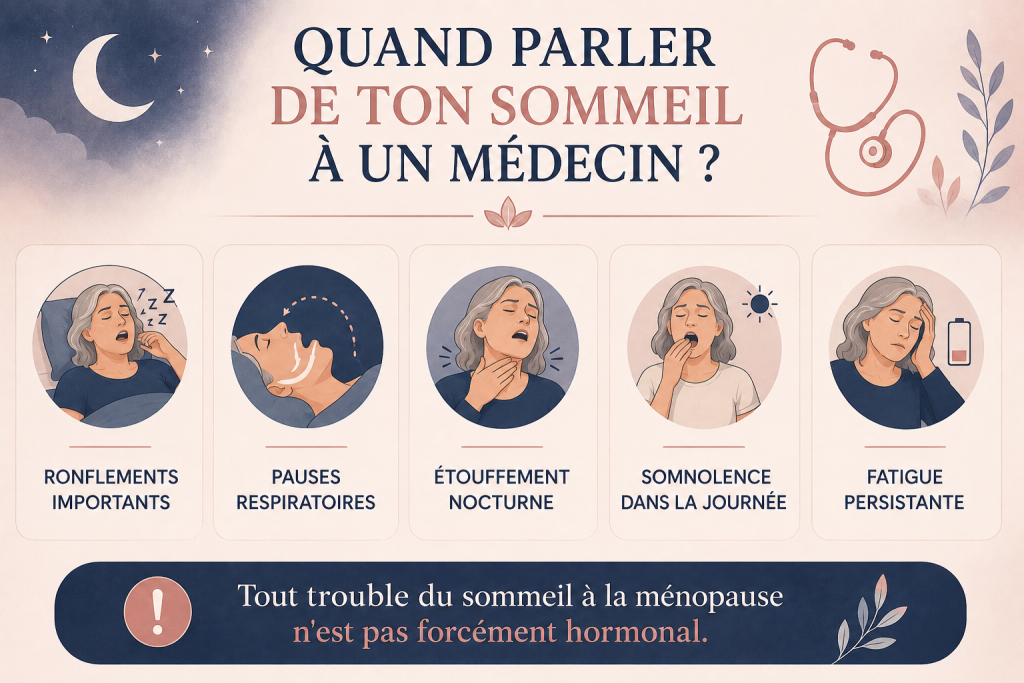 Signaux d’alerte des troubles du sommeil à la ménopause : ronflements importants, pauses respiratoires, étouffement nocturne, somnolence diurne et fatigue persistante.