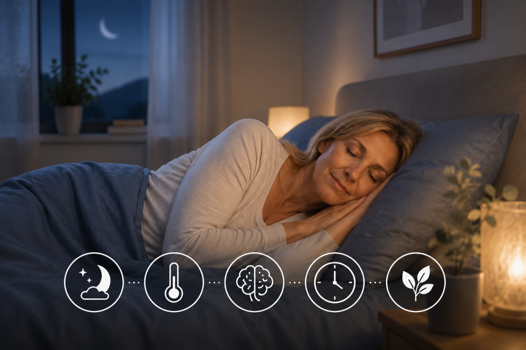 Femme mature dormant paisiblement la nuit, avec des symboles évoquant sommeil, bouffées de chaleur, cerveau, rythme circadien et solutions naturelles à la ménopause.